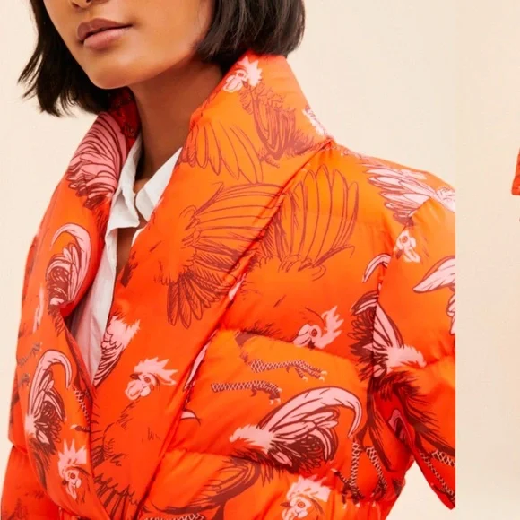 Rachel Antonoff Midi-Length Toni Puffer Jacket Orange Roaster Print - Picture 6 of 16